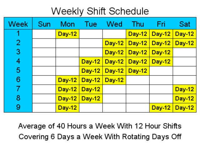12 Hour Schedules for 6 Days a Week